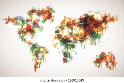Painterly world map done in a warm contemporary color scheme.