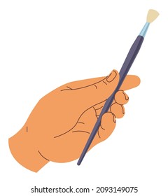 Painters and artists tools for creating drawings, isolated hand holding paintbrush with wooden handle and quality bristle. Contemporary art school supplies, workshop or studio. Vector in flat style
