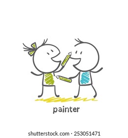 painters draw with crayons each other illustration