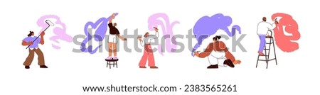 Painters during wall painting, decorating. Artists, workers, decorators work with paint, brushes, rollers, spray for graffiti, murals. Flat graphic vector illustrations isolated on white background.