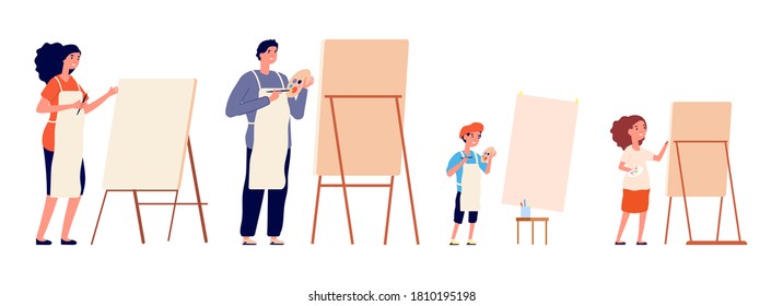 Painters. Family painting, children and adults drawing on easel and paper. Different ages hobby, professional designer vector illustration