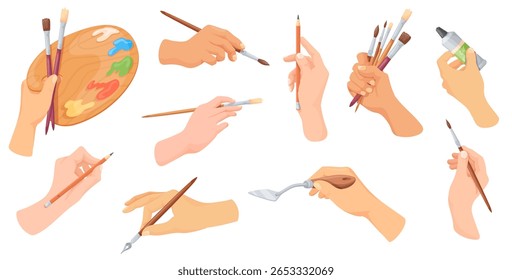 Pintores mãos. Artista mão segurar pincel de tinta, lápis caneta pincel pincel paleta em pintor braço arte escola papelaria desenho equipamento escrever projeto esboço ferramenta puro vetor ilustração