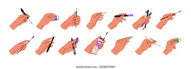 Painters' hands with different stationery set. Artists hold pen, pencil, brush, paint, eraser, chalk. Art tools for painting, drawing, writing. Flat isolated vector illustrations on white background