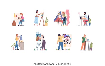 Painters hobby occupation. Artist creating mural or sculpture, painter with paintbrush painting drawing at easel, creative handicraft artistic characters classy vector illustration creative artist