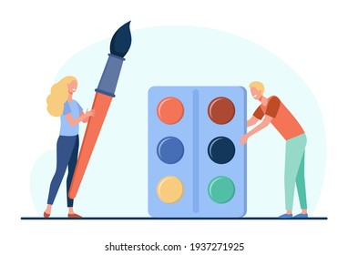 Painters man and woman holding brush and paints. Creative artists cartoon characters flat vector illustration. Painting concept for banner, website design or landing web page