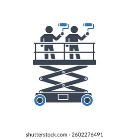 Painters on Scissor Lift Icon On White Background