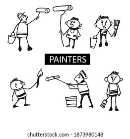 Painters. A set of hand-drawn funny characters. Sketch. Caricature. Vector illustration