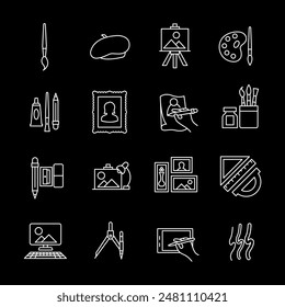 Painters, white line icons. Symbols for painting and artistic activities. art and creative themes. Symbols on black background. Editable stroke.