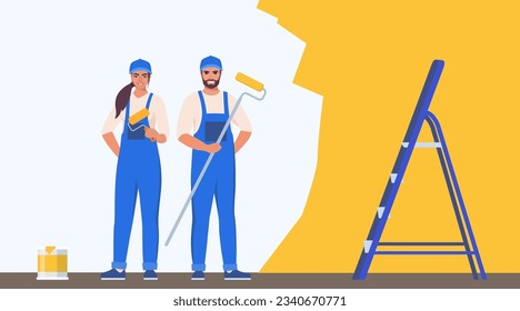 Painters woman and man painting house wall with roller brush. Decorator job, interior renovation service. Vector illustration