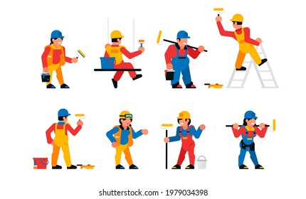 Painters workers set. Men and women are painters. Finishing works, wall painting, plastering, repair. Vector illustration isolated on white background