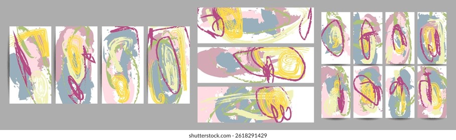 Painting and Abstract art Simple comfortable paint brush soothing pastel muted pale calm tones card templates set. Collection of romantic invitations