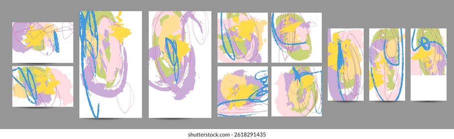 Painting and Abstract art Simple comfortable paint brush soothing pastel muted pale calm tones card templates set. Collection of romantic invitations