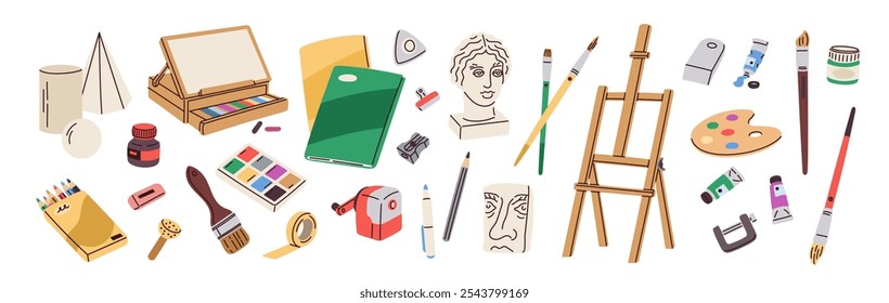 Painting accessories. Artist tools. Creative equipment. Plaster heads and figures. Brushes and pencils. Paint palette. Easel and sketchbook. Paper for drawing. Garish