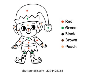 Painting Activity for Children. Colouring Page in Christmas Elf Character Theme. Vector Illustration.