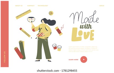 Actividad de pintura, plantilla de página de inicio de creatividad. Personaje Creativo Femenino Que Disfruta De Hobby Hecho A Mano. Artista dibujando pinturas de acrílico o aceite sobre la arcilla o la olla de cerámica. Ilustración de vectores lineales