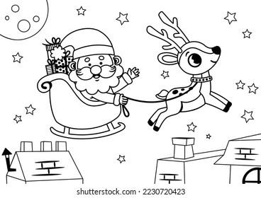 Painting Activity for Kids with Christmas Theme. Colouring Page. Vector Clipart.
