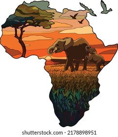 Painting of the African continent and the wildlife of Africa.