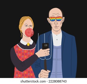 Painting American Gothic in Vector. painting reproduction. Man and woman together. Take a selfie. drawn in vector. Print for clothes. Creative print on a T-shirt. Blow bubble gum. Multicolored glasses