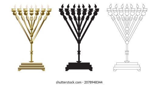 A painting of the ancient golden lamp that was in the Jewish Temple of King Solomon in Jerusalem.
The model of the menorah is accurate according to Jewish law and the method of Maimonides.
Vector.