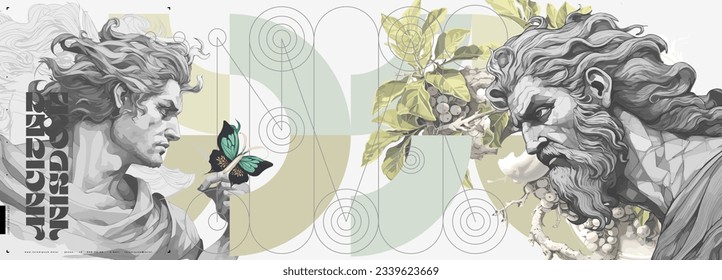 A painting with ancient Greek gods. Antique style. Vector banner. Sculptures of gods on the background of orchards. Vectorized watercolor paintings for the interior.