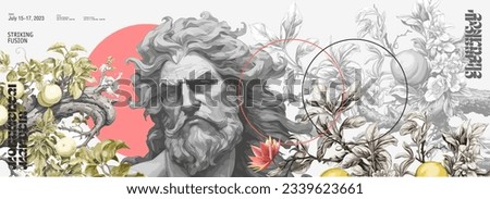 A painting with ancient Greek gods. Antique style. Vector banner. Sculptures of gods on the background of orchards. Vectorized watercolor paintings for the interior. Stockfoto © 