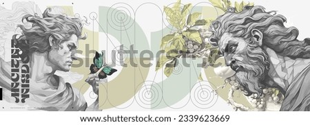 A painting with ancient Greek gods. Antique style. Vector banner. Sculptures of gods on the background of orchards. Vectorized watercolor paintings for the interior.