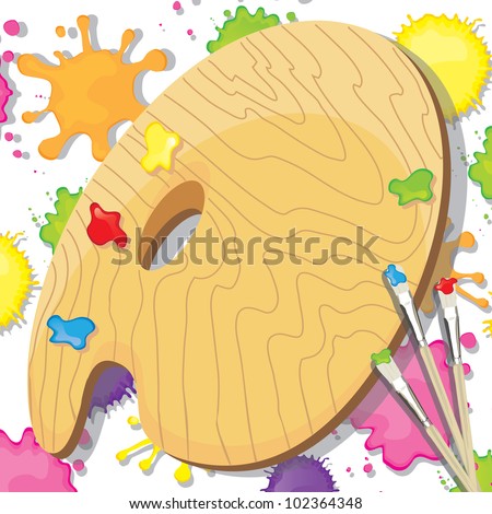 Painting art and crafts party invitation. Bright and colorful paint splotches with painter's palette and paint brushes with room for your type.