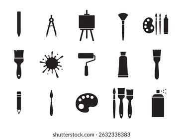 Painting or art drawing silhouette design bundle, set of artwork logo icon, brush, paint tube, colour, canvas clip art symbol
