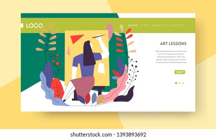 Painting art lessons online classes web page template vector woman with paintbrush and easel education craft and skill paint video classes Internet education modern technology learning and teaching