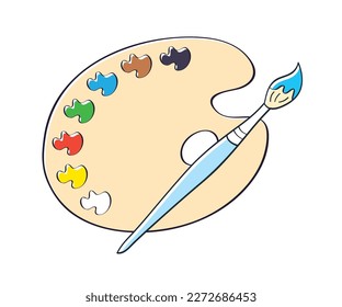 Painting art palette with paint colors swatches and blue paintbrush isolated vector illustration, oil painting equipment.