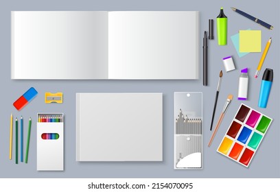 Painting art stationery vector. Realistic 3d set of painter pen, pencil, marker and brush tool, paint palette, paper sticker, sketchbook