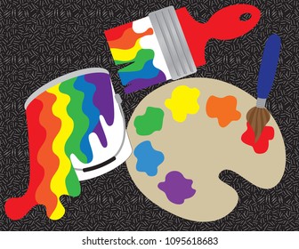 Painting Art Supplies Palette Paint Brush Rainbow Color Spill In Paint Can or Bucket
