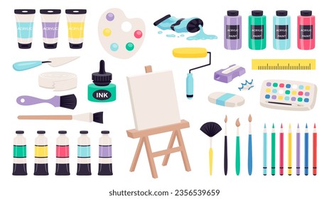 Herramientas de pintura, suministros y accesorios de los artistas: lápices, paleta, pinceles, caballete, lienzo, pinturas, acrílico, acuarela, tinta, cinta adhesiva, borrador, afilador, cuchillo de paleta, rodillo de pintura, aceite