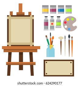 Painting art tools palette icon set flat vector illustration details stationery creative paint equipment.