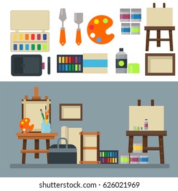 Painting art tools palette icon set flat vector illustration details stationery creative paint equipment.