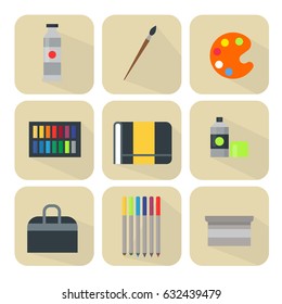 Painting art tools palette icon set flat vector illustration details stationery creative paint equipment.