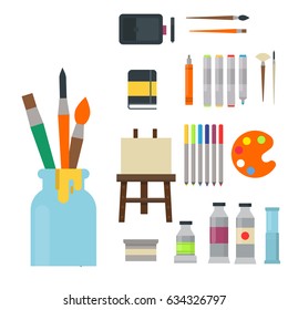 Painting art tools palette icon set flat vector illustration details stationery creative paint equipment.