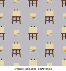 Painting art tools palette seamless pattern flat vector illustration stationery creative paint background.