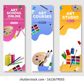 Painting art vertical web banner template set, vector illustration. Artist painter tools and supplies palette, paintbrushes, pencils, paints. Art school studio classes online courses.