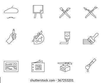 Painting artist icons in outlines. Artworks drawing brush 
