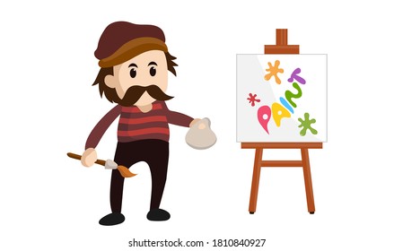 The painting artist stands beside the painted canvas. mustache male artist wearing a hat