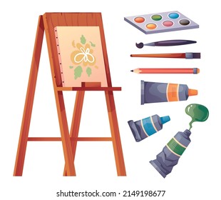 Painting Artist Tools Craft Supplies Isolated Illustration Set. Vector Graphic Design Concept