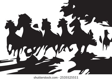 Painting artistic drawing of a herd of Arabian horses