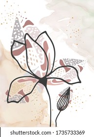 Pintura de fondo con vector de trazo de pincel. Elemento de patrón de flores.Diseño contemporáneo con elementos botánicos dibujados a mano y formas abstractas en la paleta de colores cálidos de moda. 