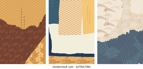 Painting background with Japanese pattern vector. Brush stroke elements with Asian decoration in vintage style.