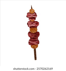 “Watercolor painting of barbecue skewers grilling over charcoal, featuring juicy meat, vibrant vegetables, and sweet pineapple. Perfect for food menus, BBQ parties, or creative projects about grilling