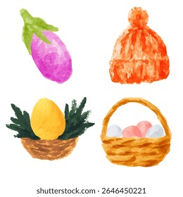 a painting of a basket, egg, and other items
