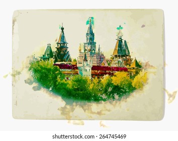 Painting of Beautiful landscape with Izmaylovo Kremlin in greenery, Moscow, Russia