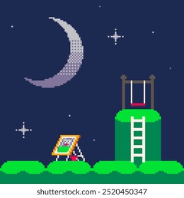 Uma Pintura Abaixo da Noite Crescente, Lateral-Scrolling Orientado, Pixel Art Ilustração