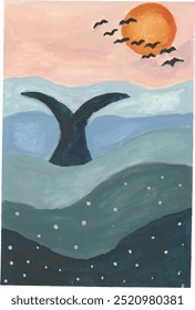 a painting of a bird in the sky flying over a sea and whale watercolour illustration